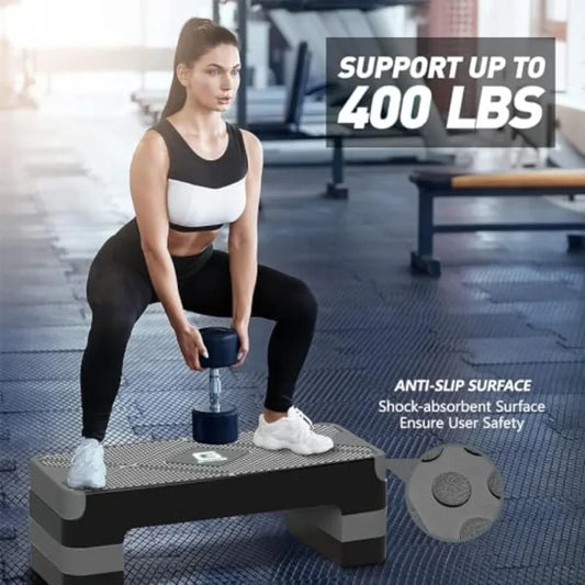 Home gym aerobic exercise step platform, EVA foam material, black, adjustable 4/6/8 height for cardio fitness