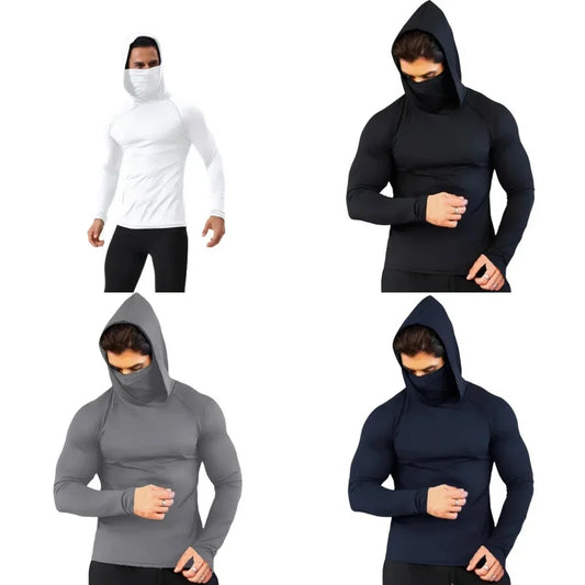 Men’s Compression Gym Hoodie Shirt with Mask – Long Sleeve Fitness Running & Bodybuilding Top