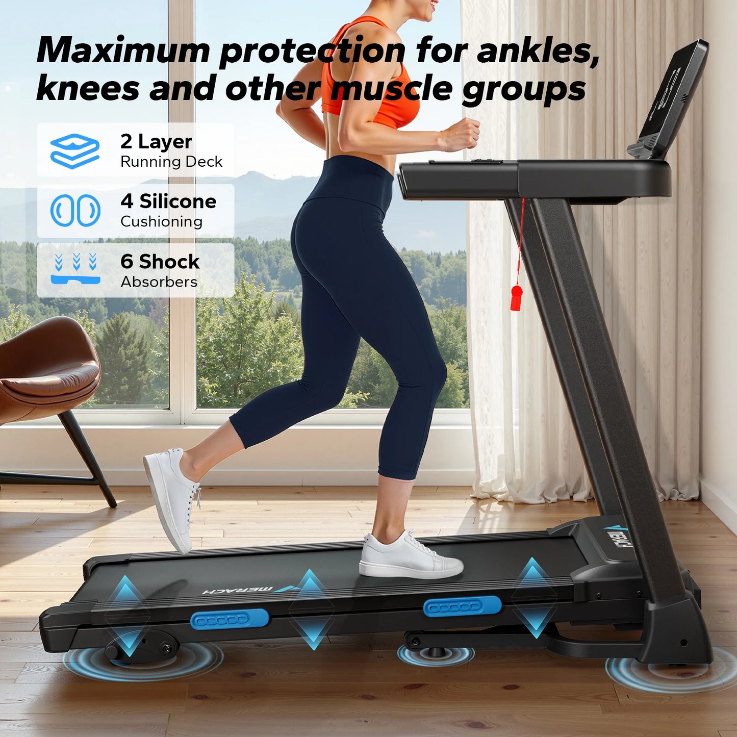 MERACH T12 Foldable Incline Treadmill with Shock Cushioning & Heart Rate Monitoring