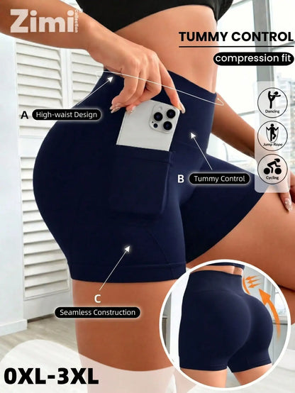 Plus Size Seamless Biker Shorts with Pockets – High Waisted Tummy Control Yoga & Gym Shorts