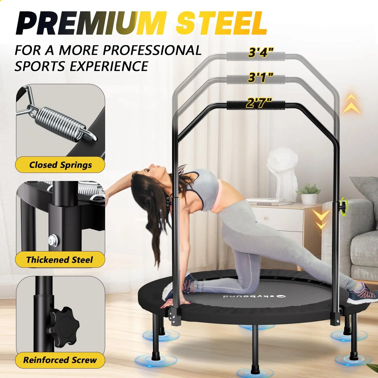 40" Foldable Fitness Rebounder Trampoline – Mini Exercise Trampoline with Adjustable Handle (350 lb Capacity)