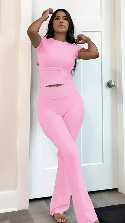 Women’s 2-Piece Yoga Set – Short Sleeve Top & Flared Pants for Fitness & Leisure