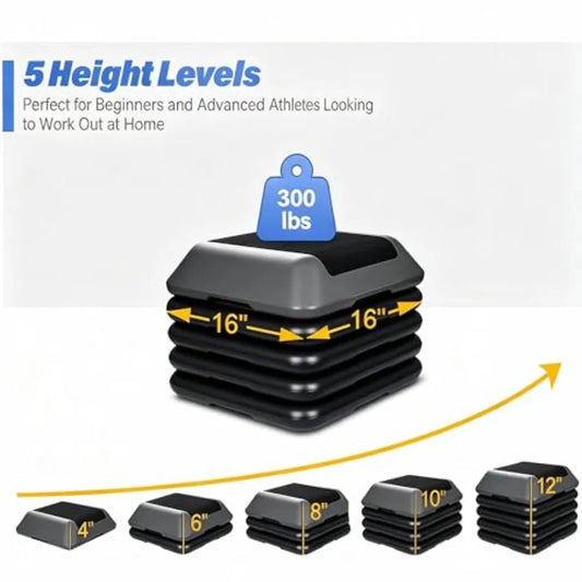 Aerobic Step Platform 16” x 16” with 4 Risers – Adjustable Fitness Stepper for Home Cardio & Workout Training
