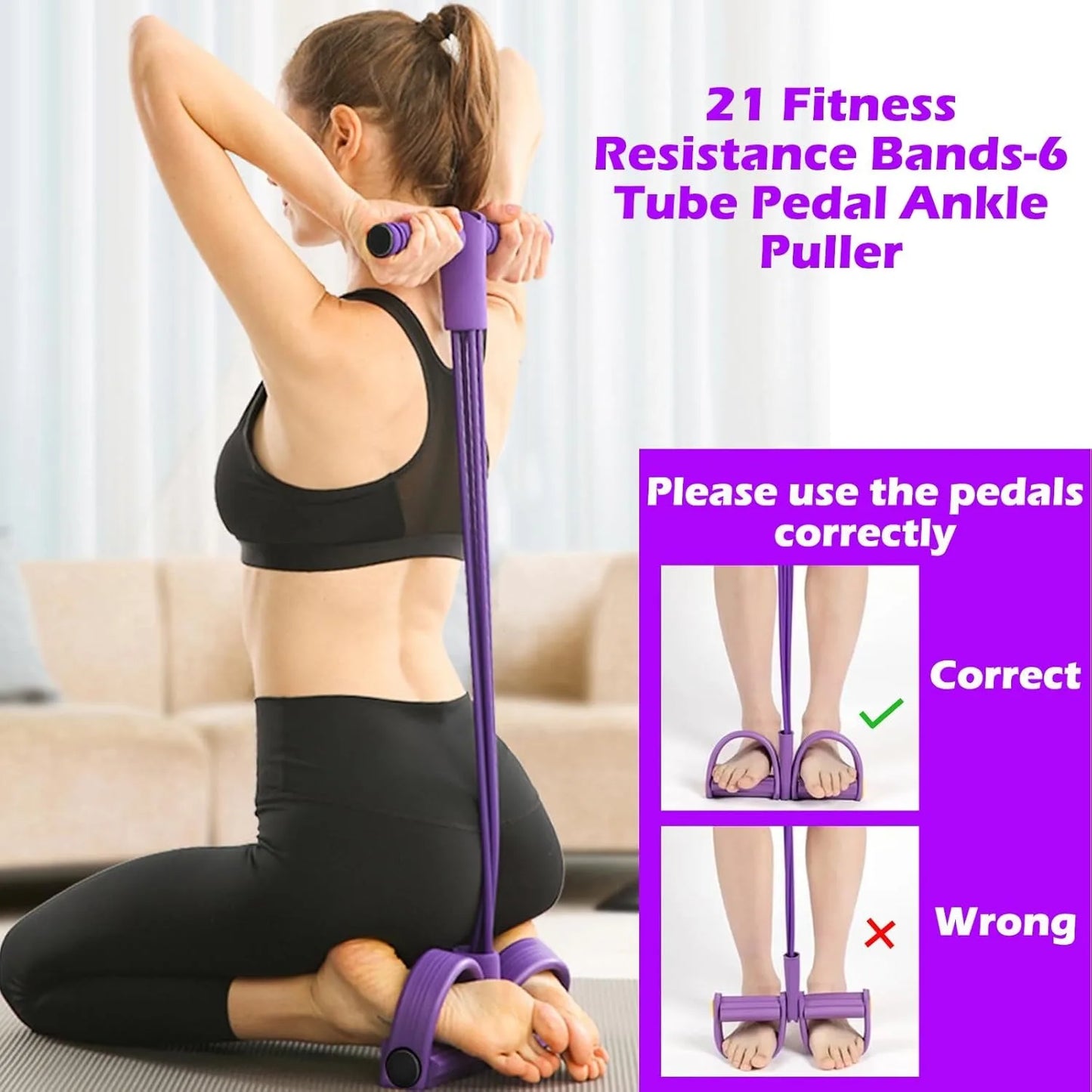 4-Tube Pedal Resistance Bands – Elastic Fitness Trainer for Home Workouts, Yoga & Stretching
