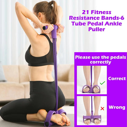 4-Tube Pedal Resistance Bands – Elastic Fitness Trainer for Home Workouts, Yoga & Stretching