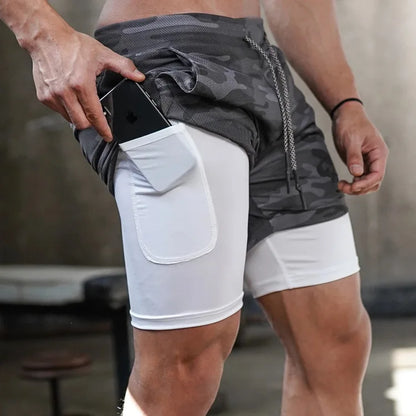 Men’s 2-in-1 Camo Running Shorts – Quick Dry Gym & Training Workout Shorts