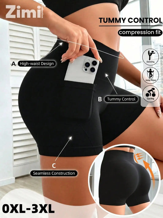 Plus Size Seamless Biker Shorts with Pockets – High Waisted Tummy Control Yoga & Gym Shorts