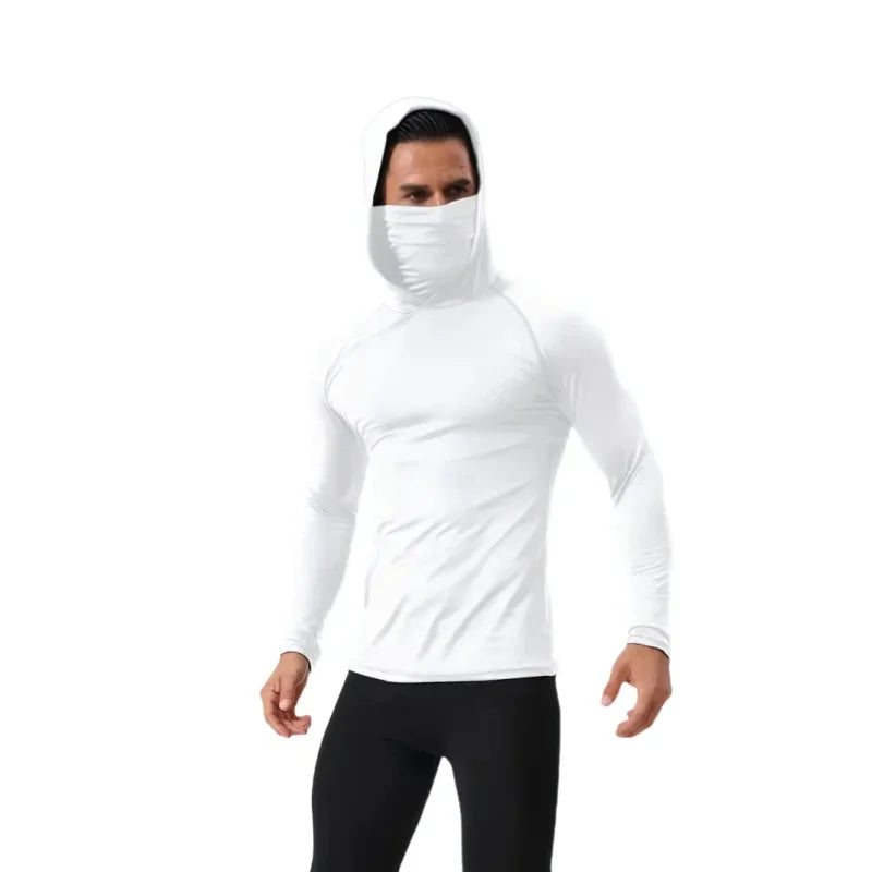 Men’s Compression Gym Hoodie Shirt with Mask – Long Sleeve Fitness Running & Bodybuilding Top