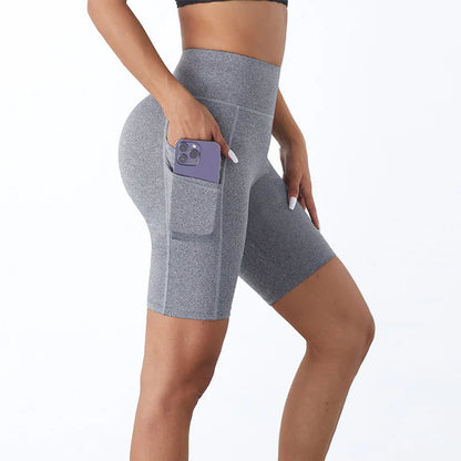 High-Waisted Women’s Yoga Shorts with Side Pockets – Fitness & Running