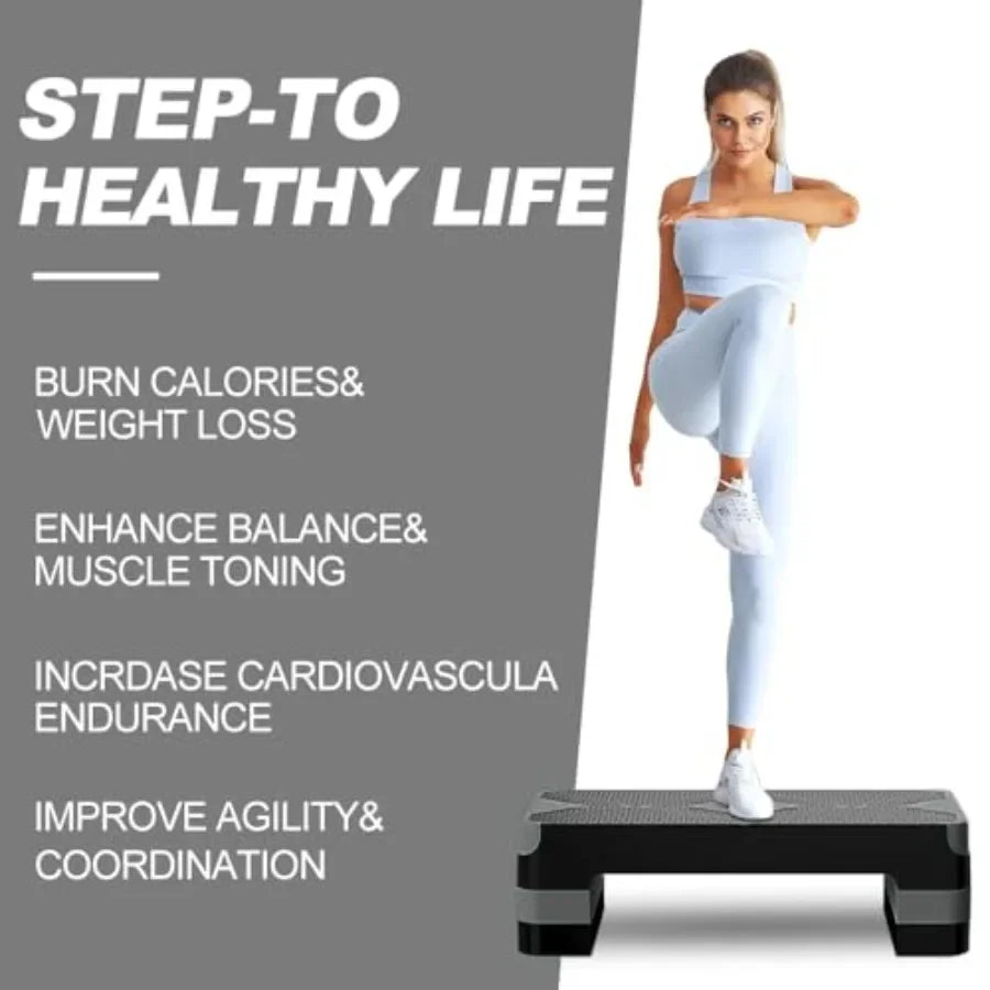 Home gym aerobic exercise step platform, EVA foam material, black, adjustable 4/6/8 height for cardio fitness