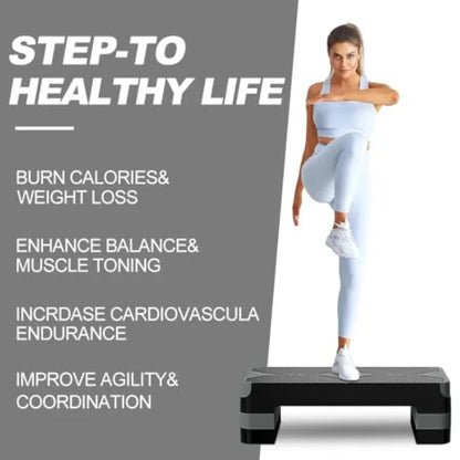 Home gym aerobic exercise step platform, EVA foam material, black, adjustable 4/6/8 height for cardio fitness