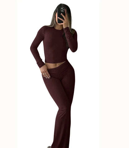 Women’s 2-Piece Yoga Set – Long Sleeve Top & Wide-Leg Activewear Pants