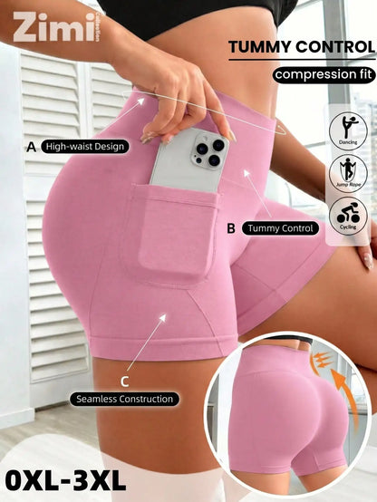 Plus Size Seamless Biker Shorts with Pockets – High Waisted Tummy Control Yoga & Gym Shorts