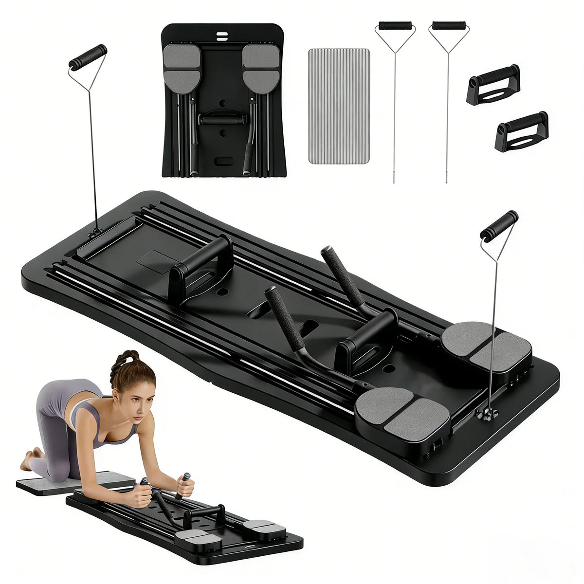 Multi-Functional Ab Workout Board, Foldable Core Trainer Equipment with Resistance Bands, Push-Up Bars, Abdominal Trainer, Full Body Home Gym Fitness Equipment for Abs Legs Arms Training