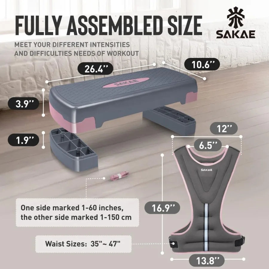 Adjustable Height Aerobic Stepper Set, Multiple Bundle Options with Dumbbells, Kettlebell, Waist Trimmer, Ankle Weights or Weig