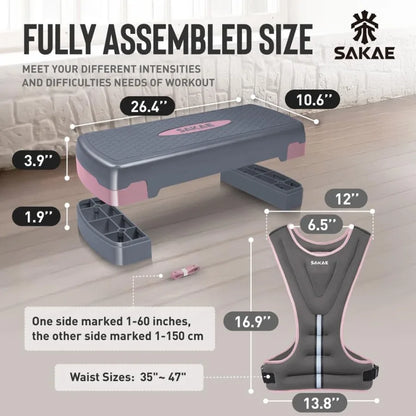 Adjustable Height Aerobic Stepper Set, Multiple Bundle Options with Dumbbells, Kettlebell, Waist Trimmer, Ankle Weights or Weig