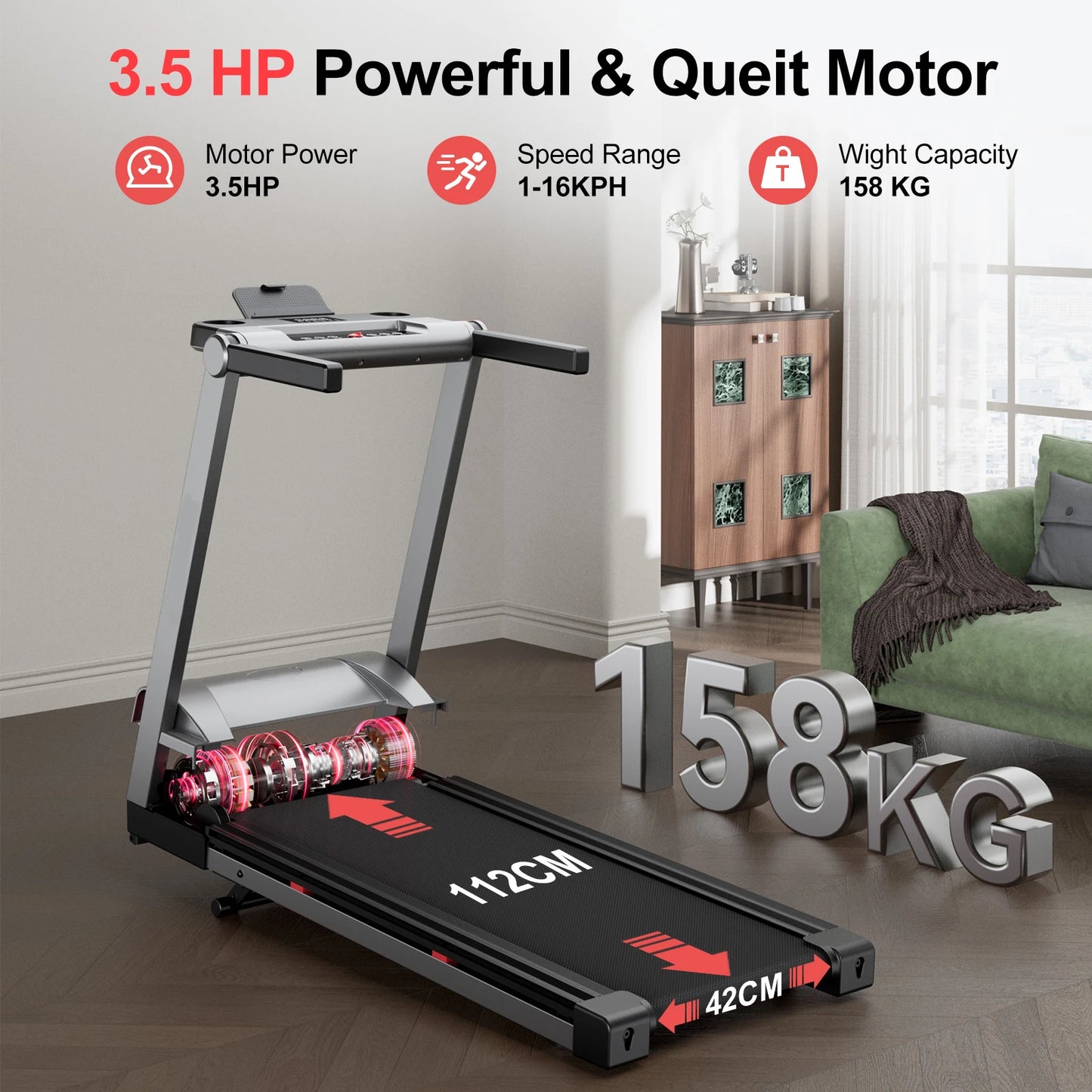 Foldable Incline Treadmill (3.5HP, 350 lb Capacity) with Smart App Tracking