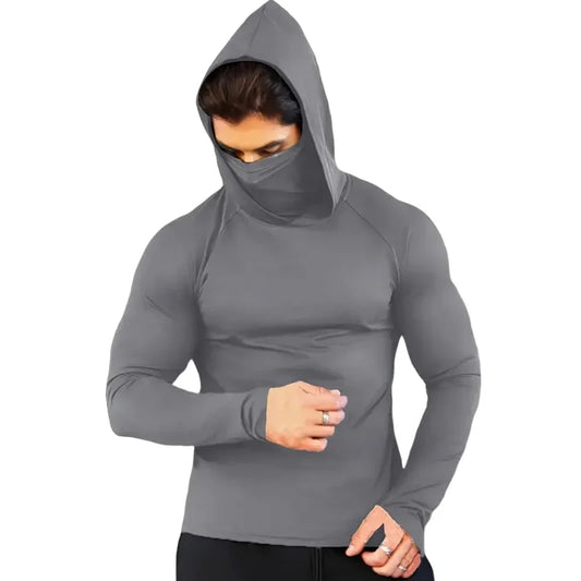 Men’s Compression Gym Hoodie Shirt with Mask – Long Sleeve Fitness Running & Bodybuilding Top