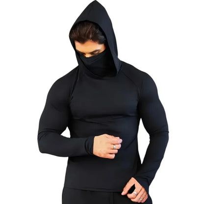 Men’s Compression Gym Hoodie Shirt with Mask – Long Sleeve Fitness Running & Bodybuilding Top