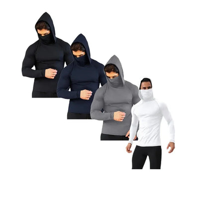 Men’s Compression Gym Hoodie Shirt with Mask – Long Sleeve Fitness Running & Bodybuilding Top