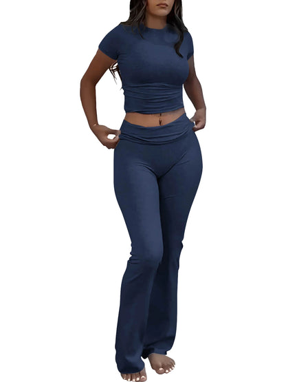 Women’s 2-Piece Yoga Set – Short Sleeve Top & Flared Pants for Fitness & Leisure