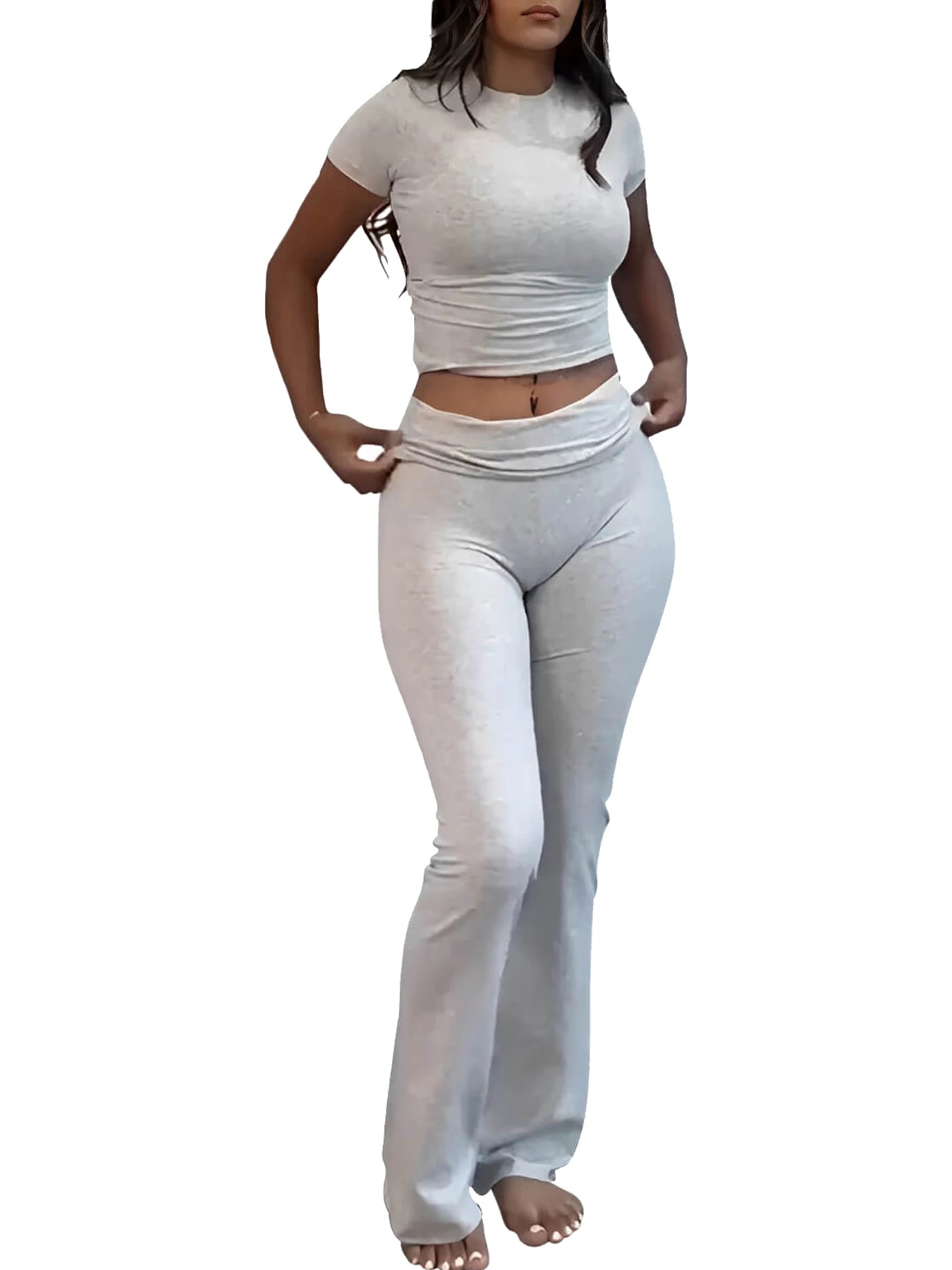 Women’s 2-Piece Yoga Set – Short Sleeve Top & Flared Pants for Fitness & Leisure