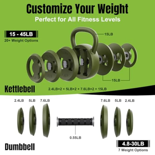 2-in-1 Adjustable Kettlebell & Dumbbell Set – 15–45 LB Weight System for Home Gym Strength Training