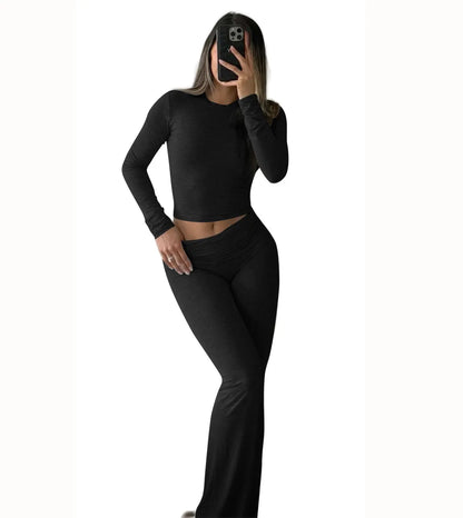 Women’s 2-Piece Yoga Set – Long Sleeve Top & Wide-Leg Activewear Pants
