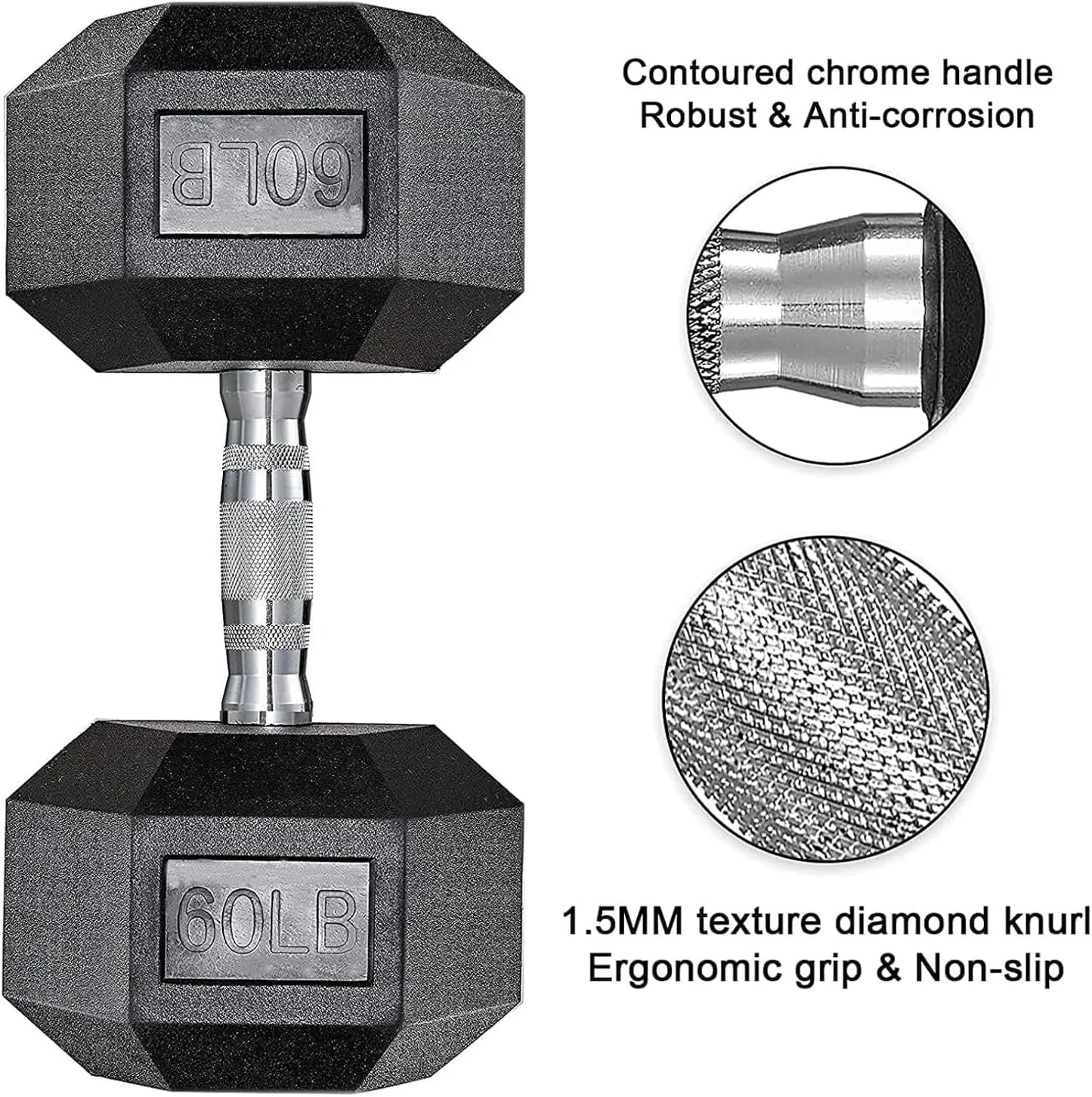 Rubber Coated Hex Dumbbell Set of 2, Cast Iron Free Weights for Home Gym, 30-85lb