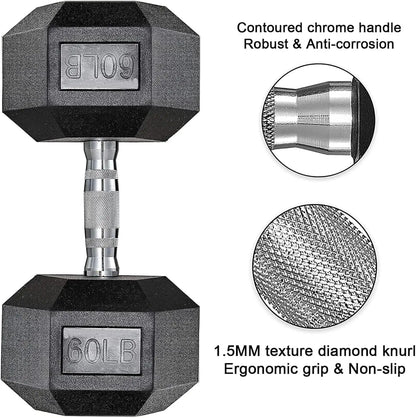 Rubber Coated Hex Dumbbell Set of 2, Cast Iron Free Weights for Home Gym, 30-85lb