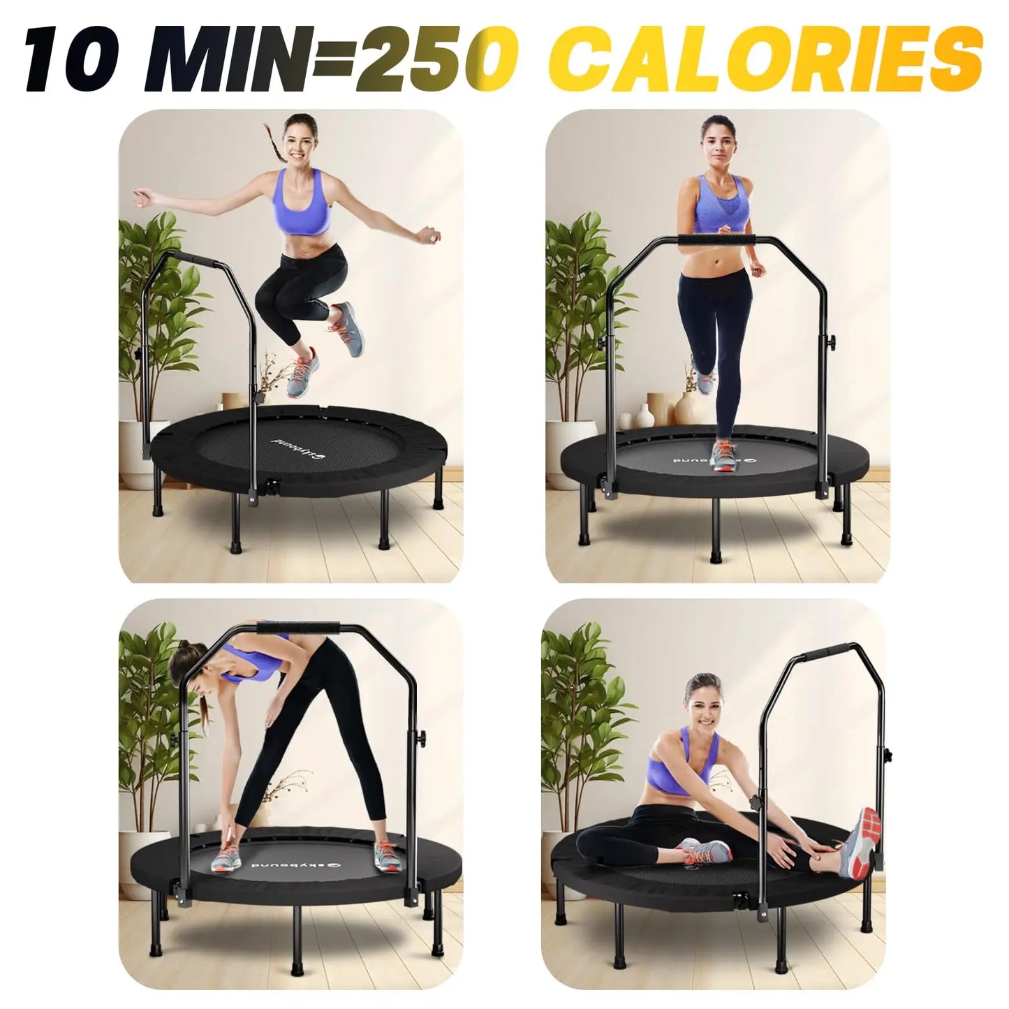 40" Foldable Fitness Rebounder Trampoline – Mini Exercise Trampoline with Adjustable Handle (350 lb Capacity)