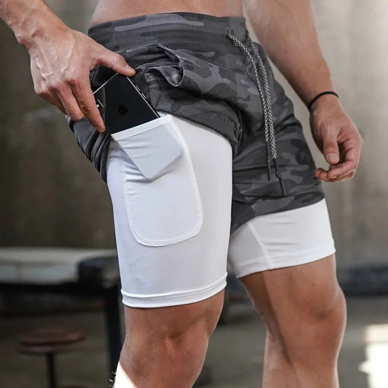 Men’s 2-in-1 Camo Running Shorts – Quick Dry Gym & Training Workout Shorts