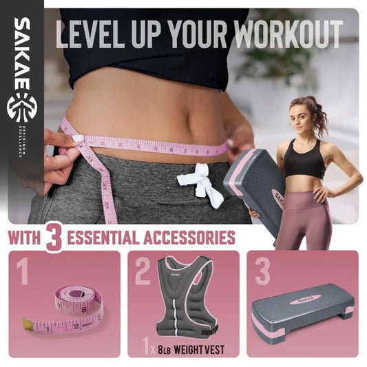 Adjustable Height Aerobic Stepper Set, Multiple Bundle Options with Dumbbells, Kettlebell, Waist Trimmer, Ankle Weights or Weig