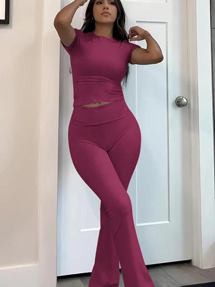 Women’s 2-Piece Yoga Set – Short Sleeve Top & Flared Pants for Fitness & Leisure