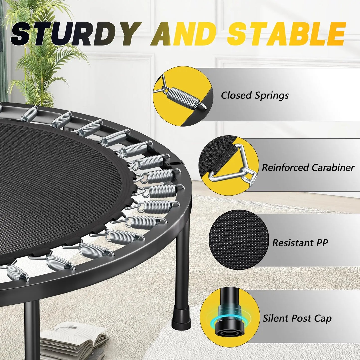 40" Foldable Fitness Rebounder Trampoline – Mini Exercise Trampoline with Adjustable Handle (350 lb Capacity)
